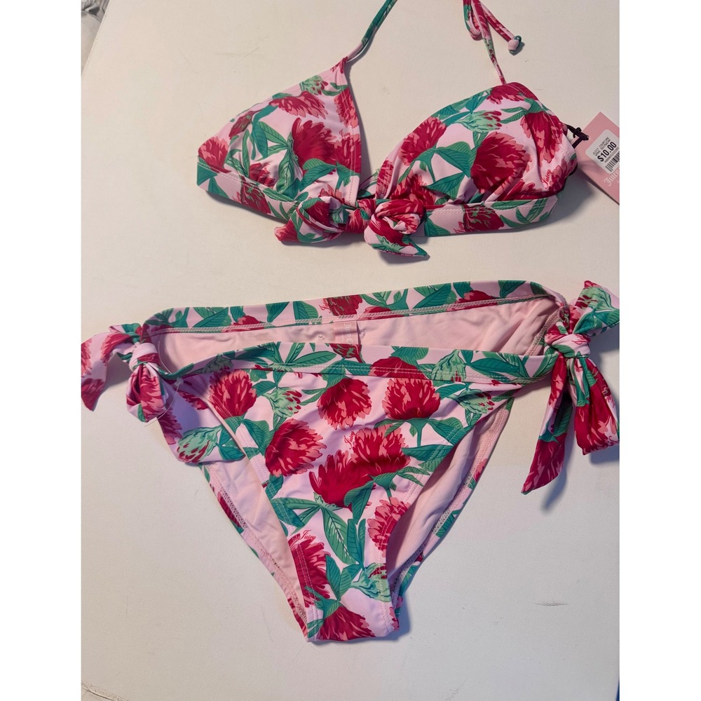 Juicy Couture Floral Bikini Set Pink Red Tropical Tie Side Halter NWT Large